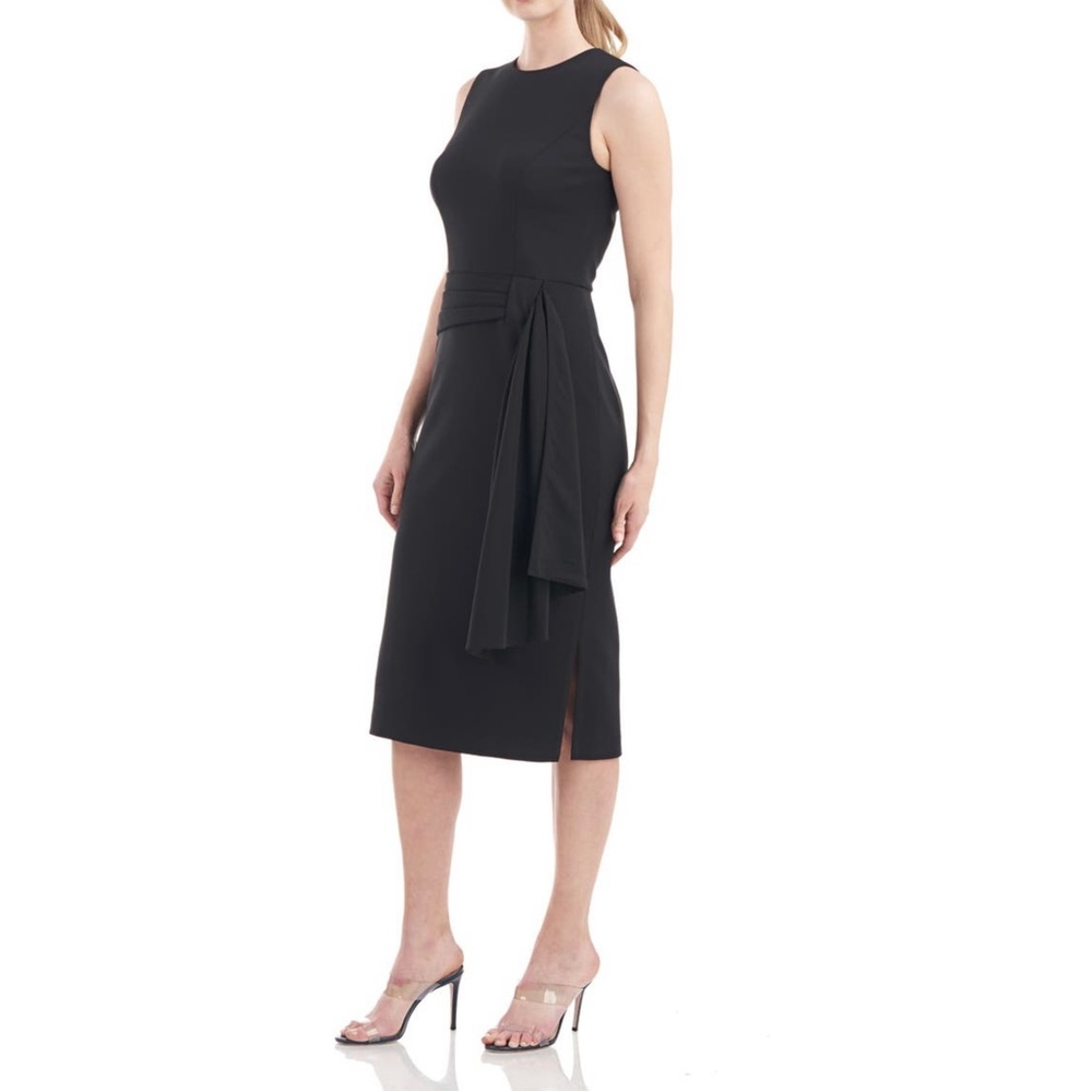 Kay Unger Black Sleeveless Midi Sheath Dress with Waist Tie